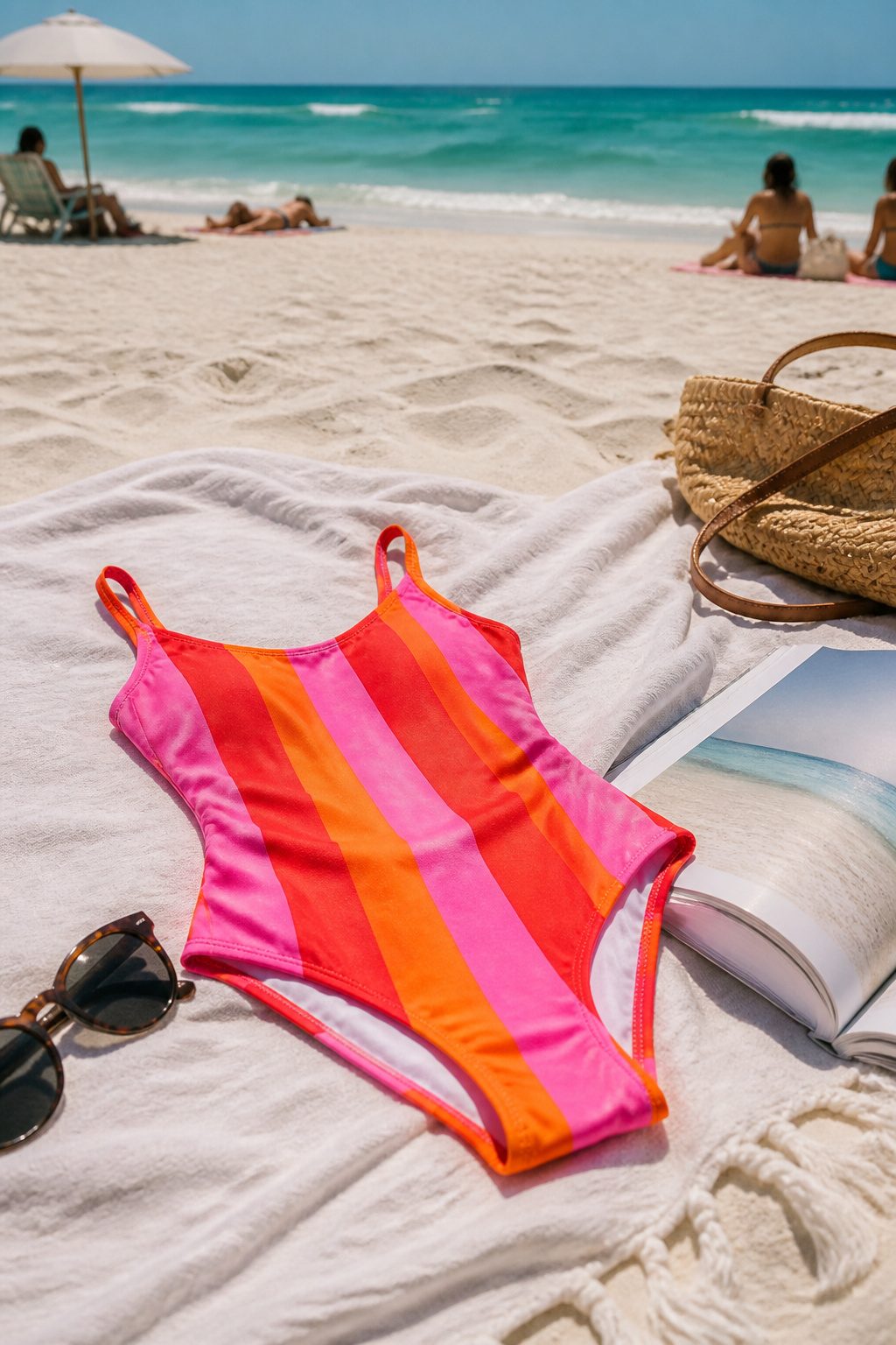 A striped one-piece swimsuit displayed on a beach towel.