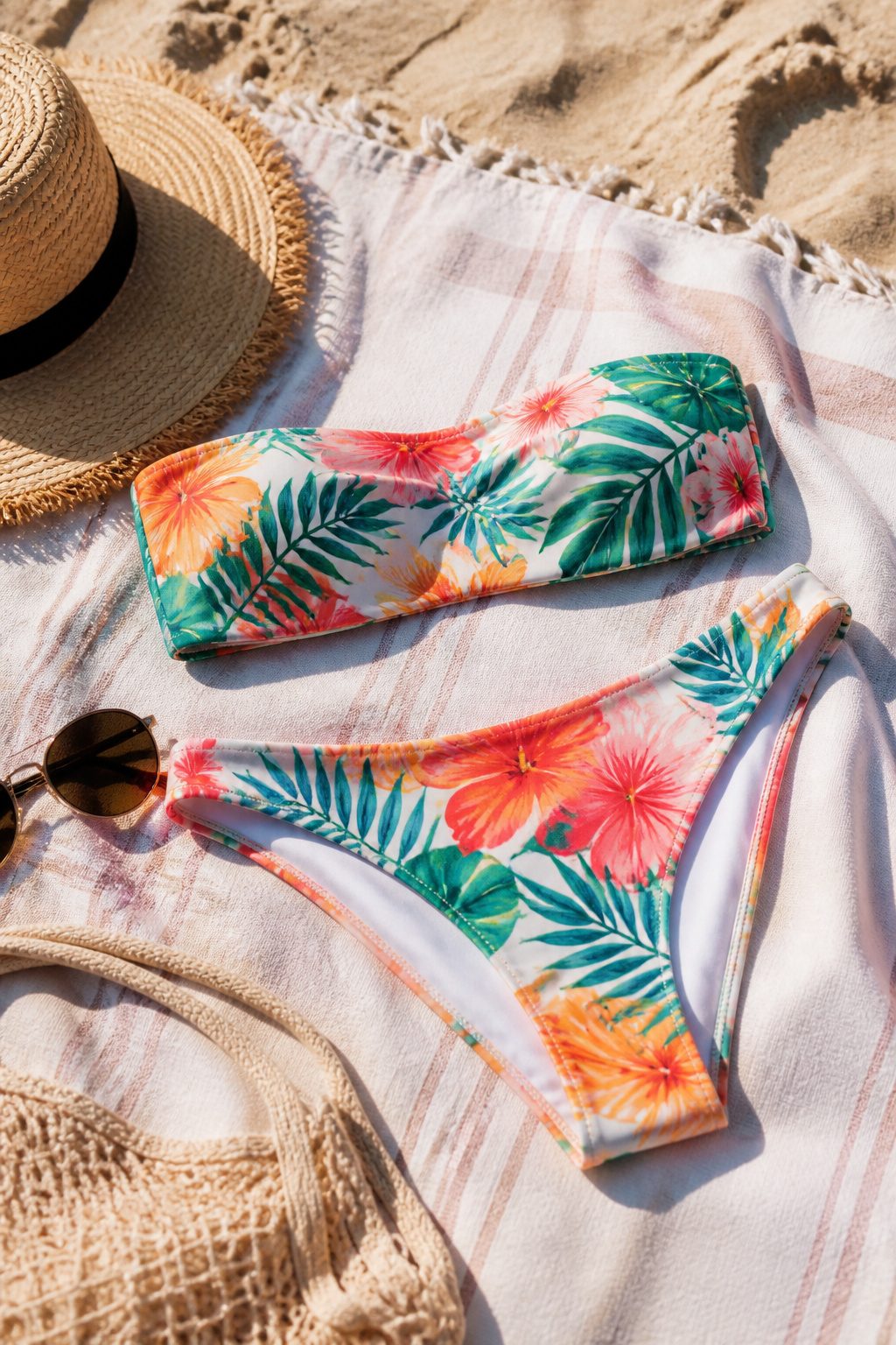 A close-up of a bandeau bikini with a tropical print on a towel.