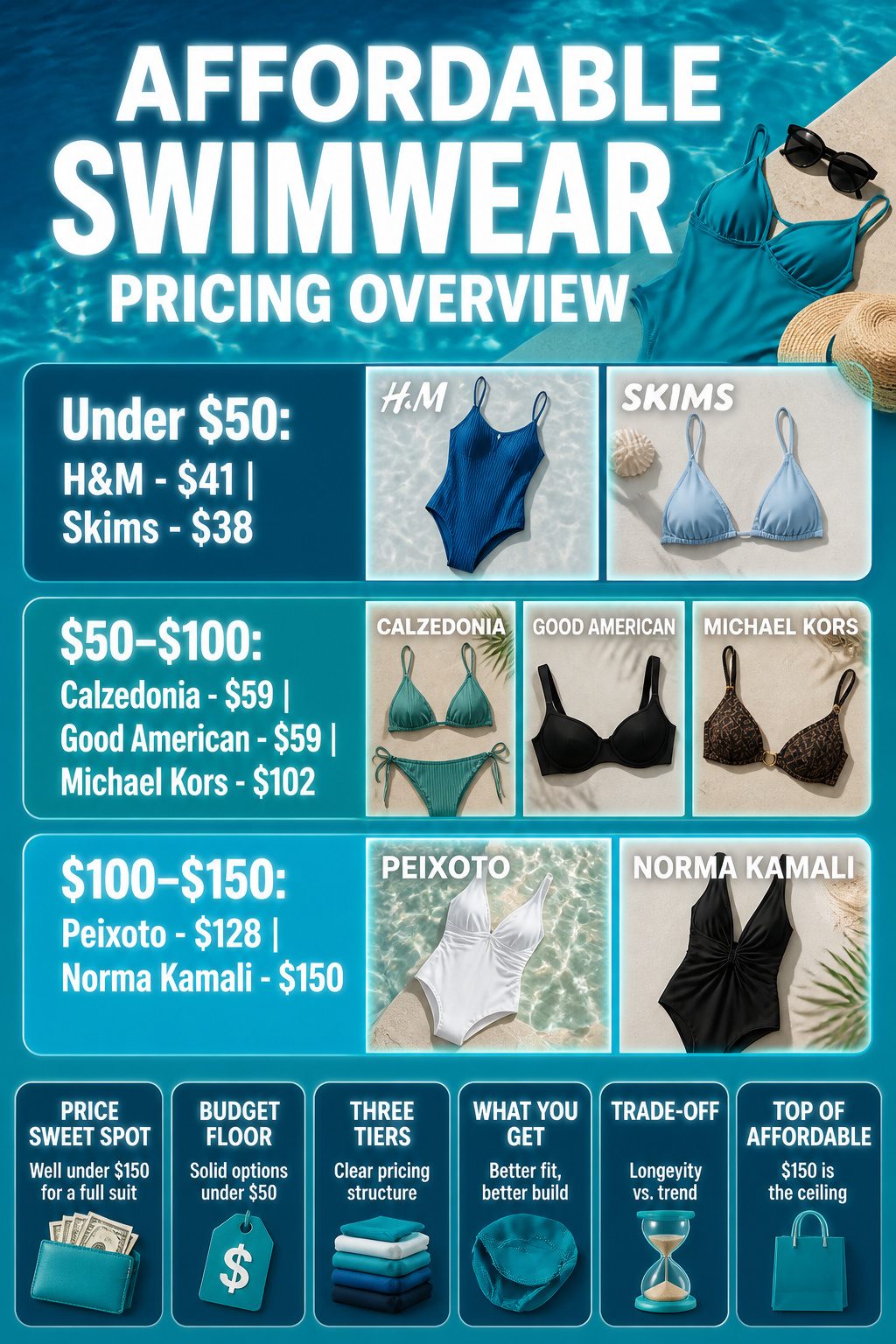 An overview image displaying swimwear pricing information.