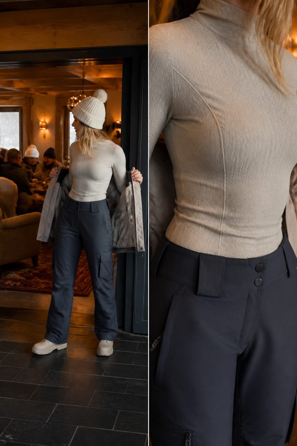 Model showing layered outfit for transitioning from ski gear.