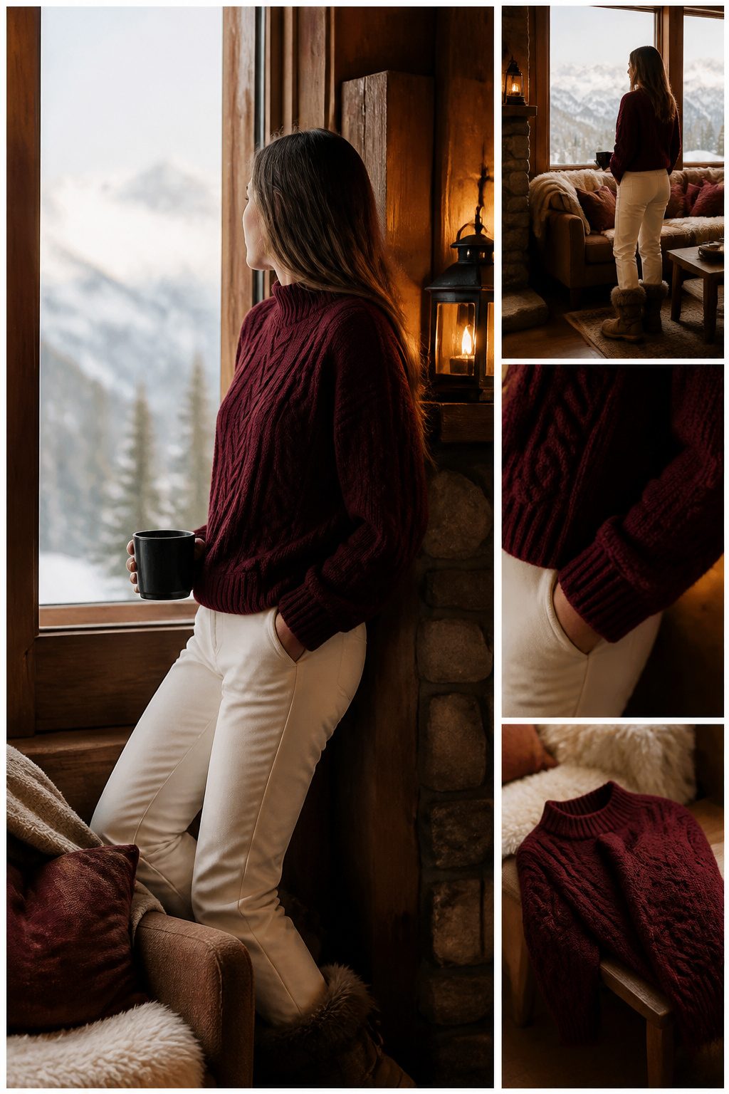 Colorful cable-knit sweater displayed in a cozy lodge atmosphere.