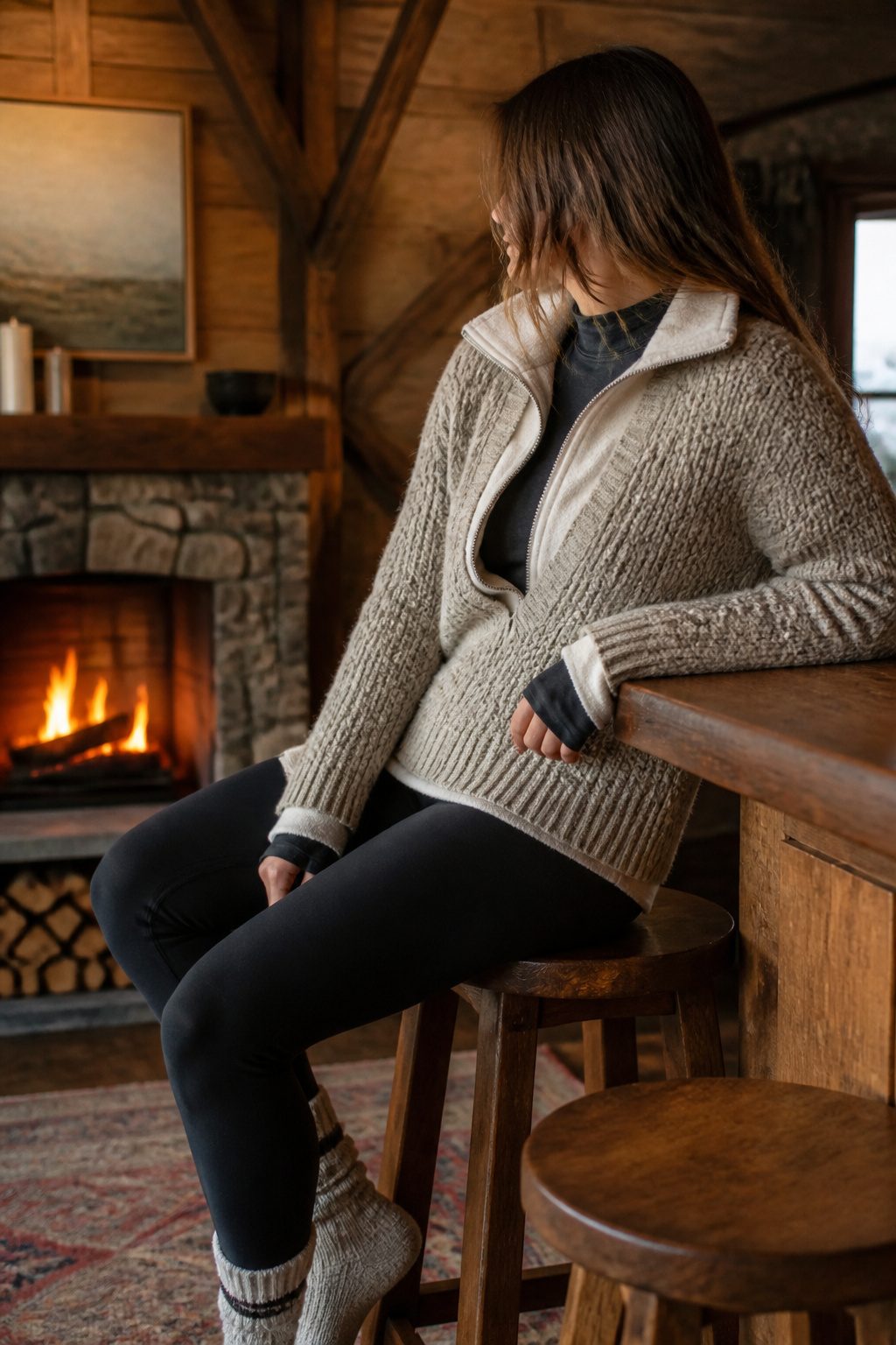 Model showcasing layered ensemble with merino wool base layer and fleece.