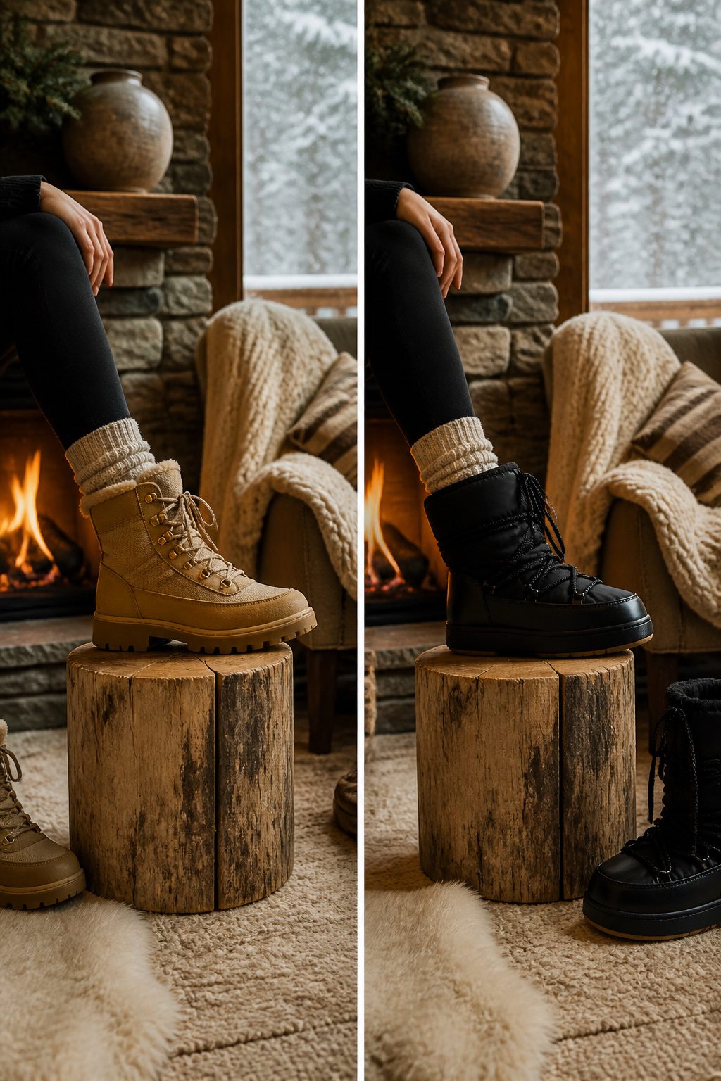 Close-up of après ski boots designed for comfort and grip.
