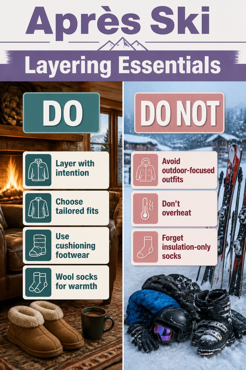 Information image on layering essentials for après ski outfits.