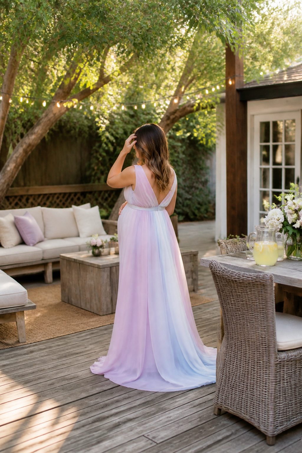 Baby Shower Dresses: Styles, Colors & Fit for 2026 2 A model in a floor-length maxi dress stands elegantly outdoors.