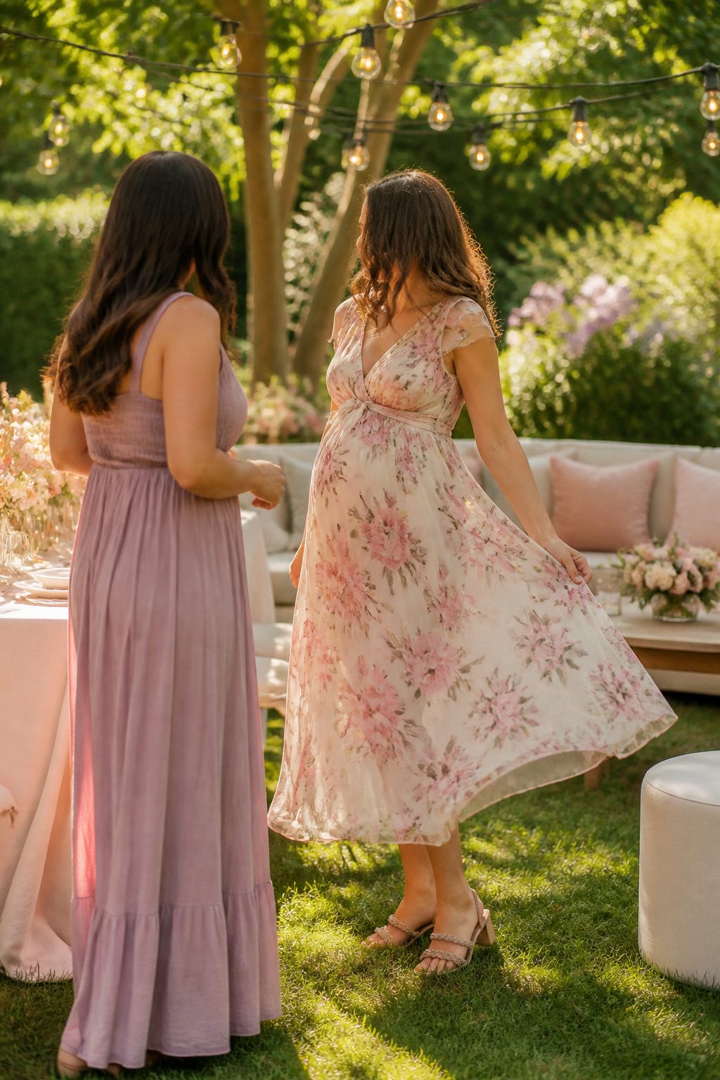 Baby Shower Dresses: Styles, Colors & Fit for 2026 7 A model in a floral midi dress spins in a sunny garden.