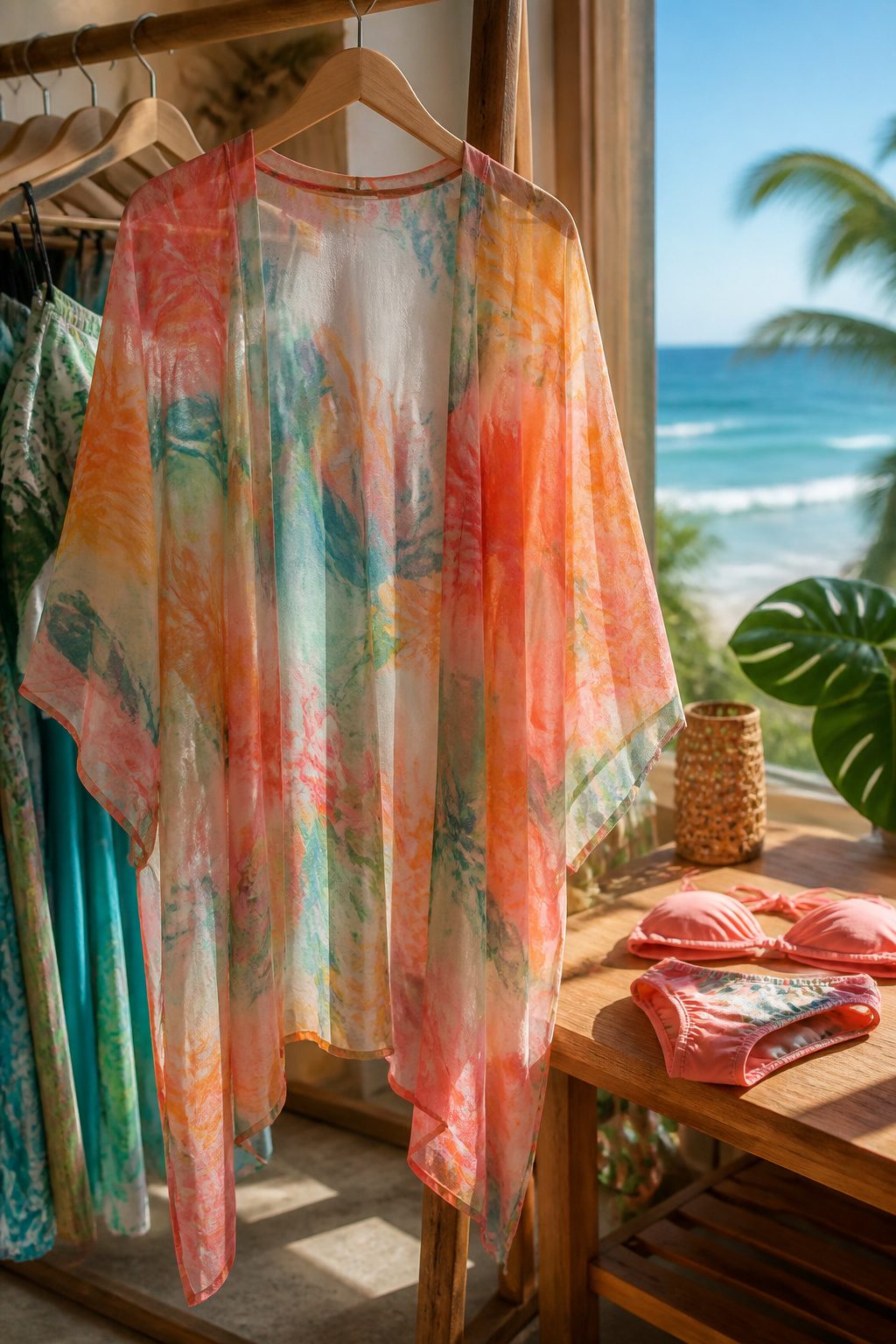 Bathing Suits: Bikinis, One-Pieces, Cover-Ups & Sizing Guide 3 A colorful, airy cover-up hanging in a beach boutique.