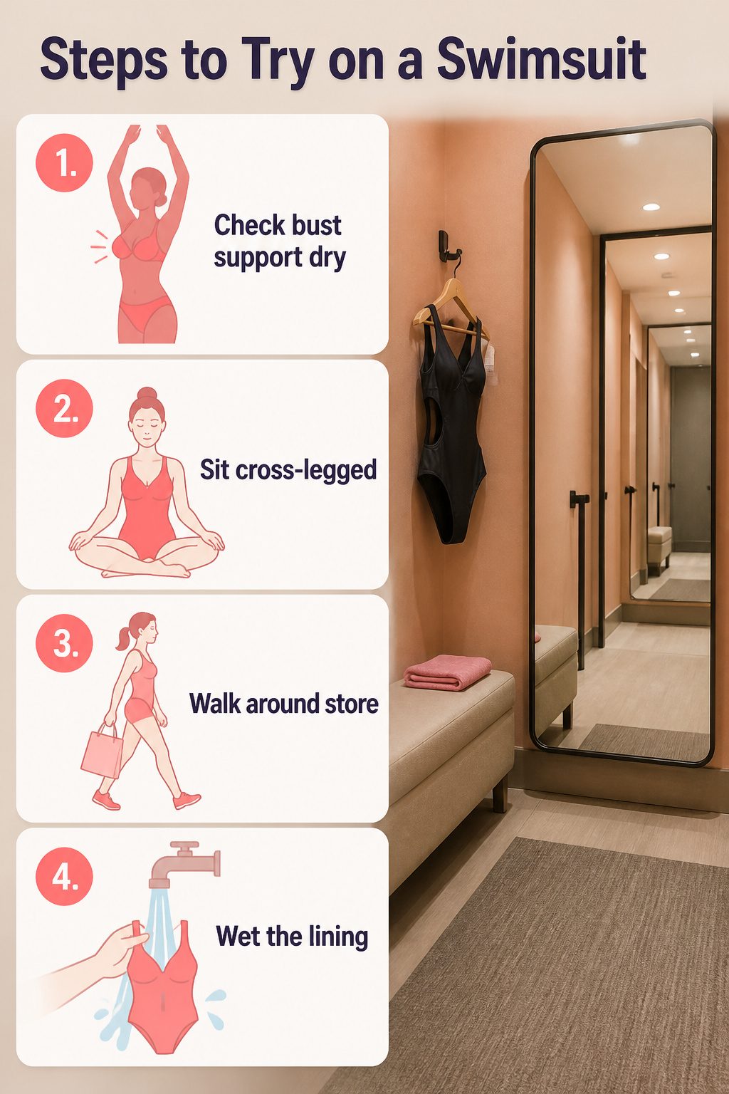 Bathing Suits: Bikinis, One-Pieces, Cover-Ups & Sizing Guide 9 An instructional image detailing how to try on a swimsuit.