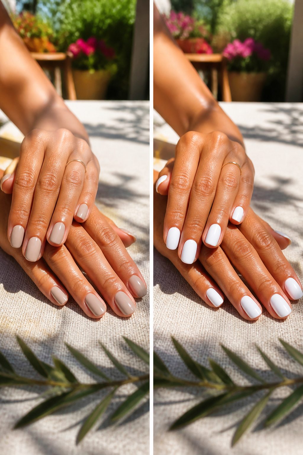 Bright white nail polish on hands against a tanned background.