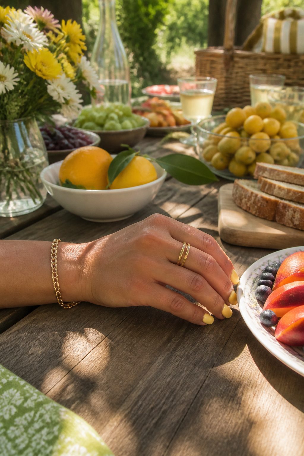 Butter yellow nail polish on hands at a picnic table.