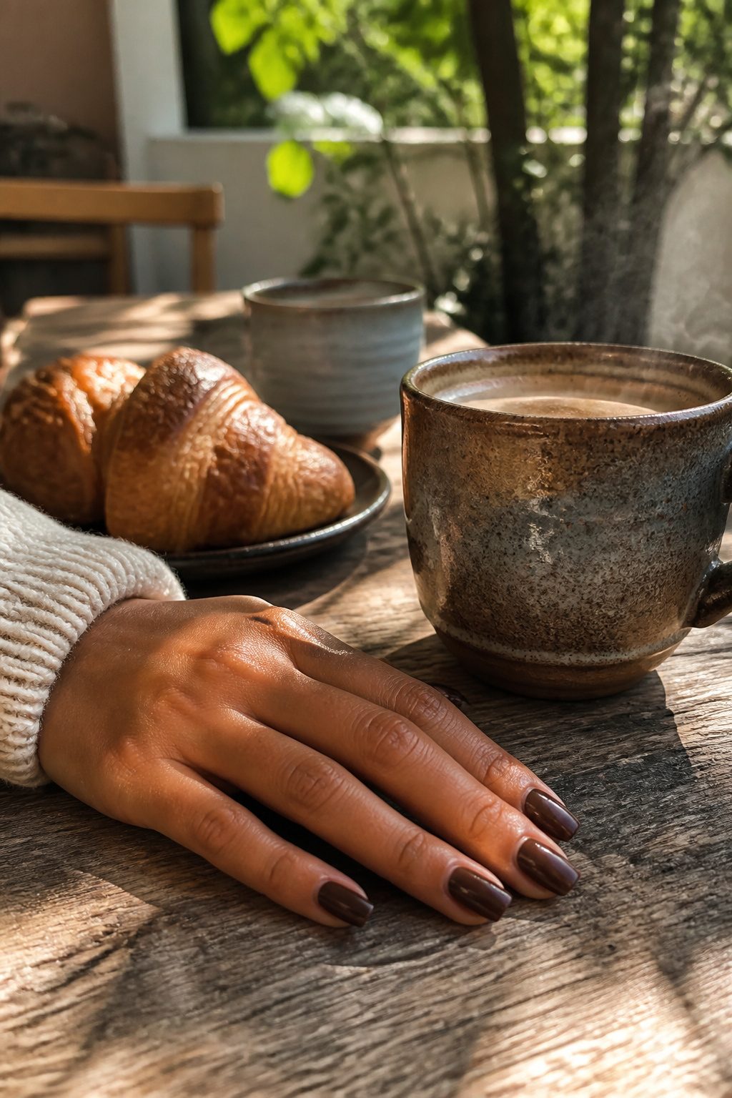 Chocolate brown nail polish on hands over a wooden table.