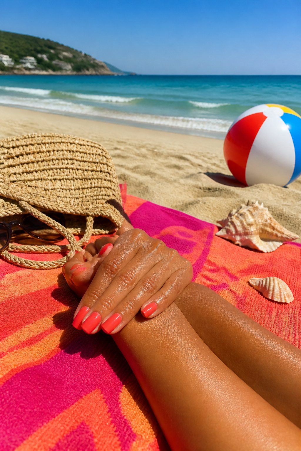 Bright coral nail polish on hands resting on a beach towel.