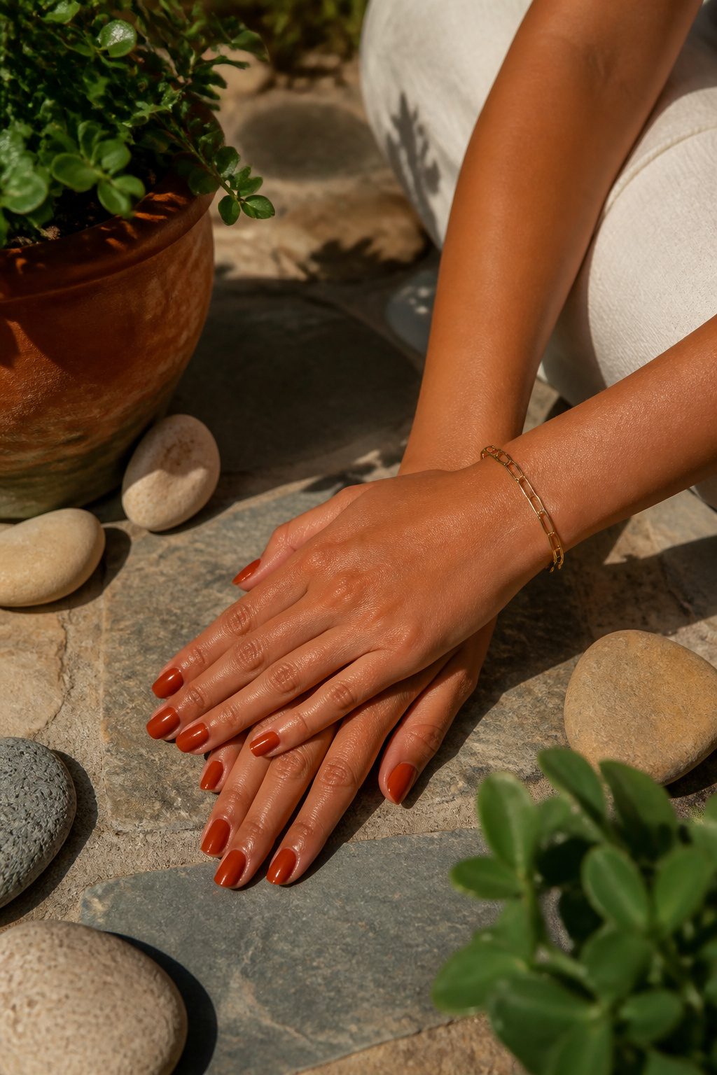 Earthy terracotta nail polish on hands resting on stone.
