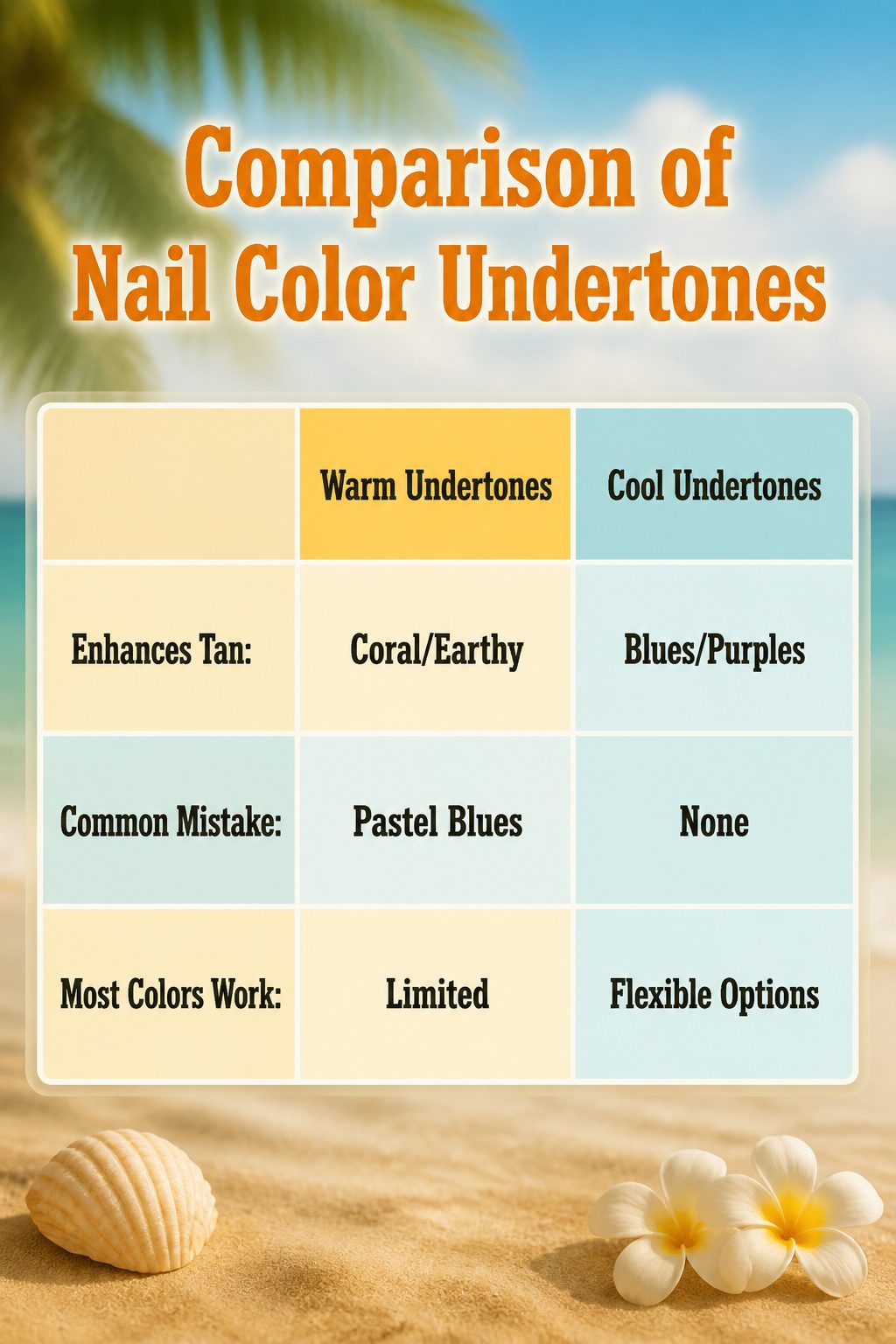 Visual comparison of various nail color undertones.