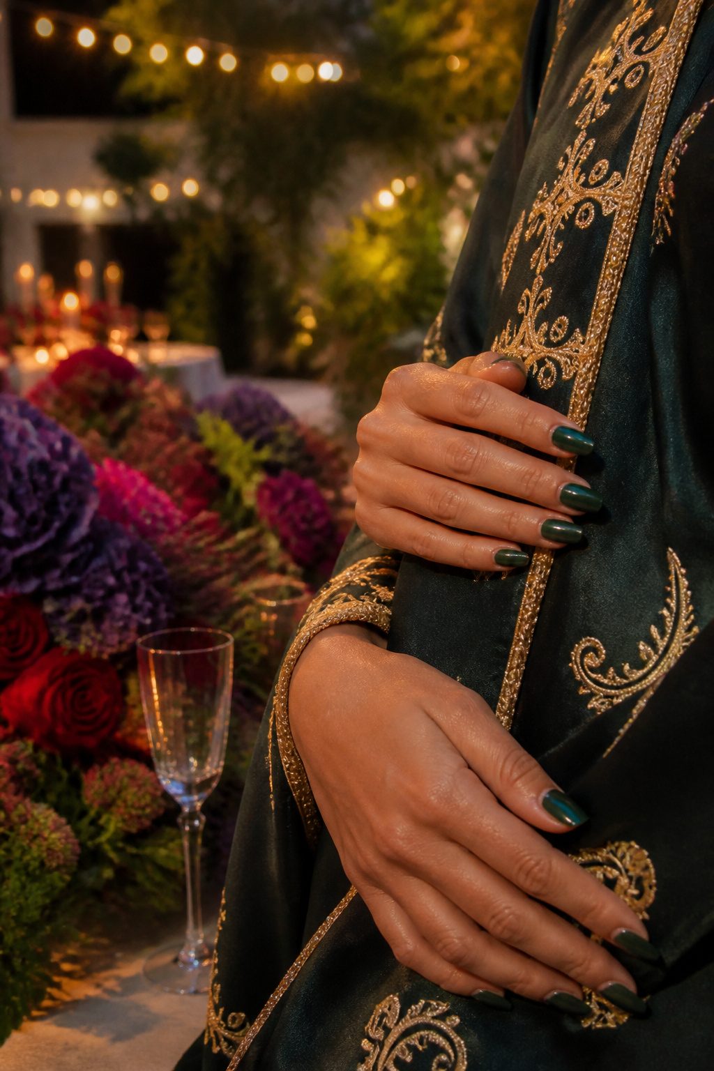 Emerald green nails displayed at a garden soiree.