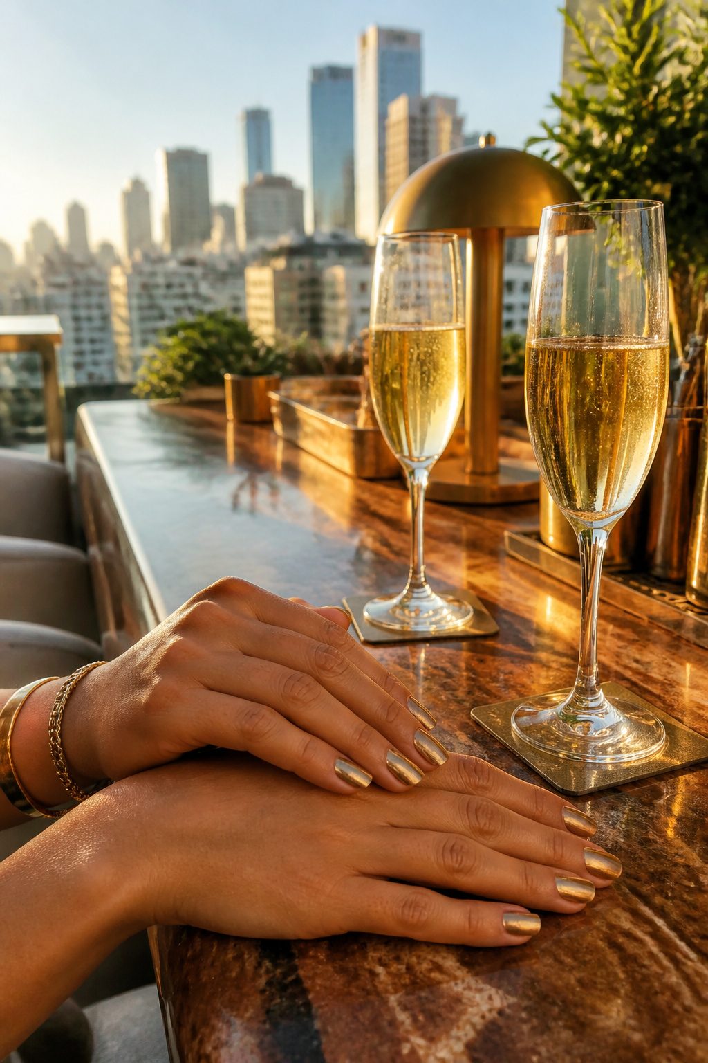 Metallic gold nail polish on hands at a rooftop lounge.