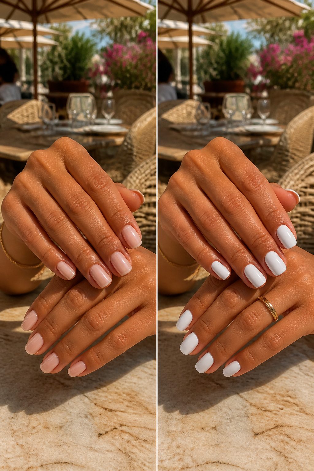 Milky white nail polish on hands with a delicate finish.
