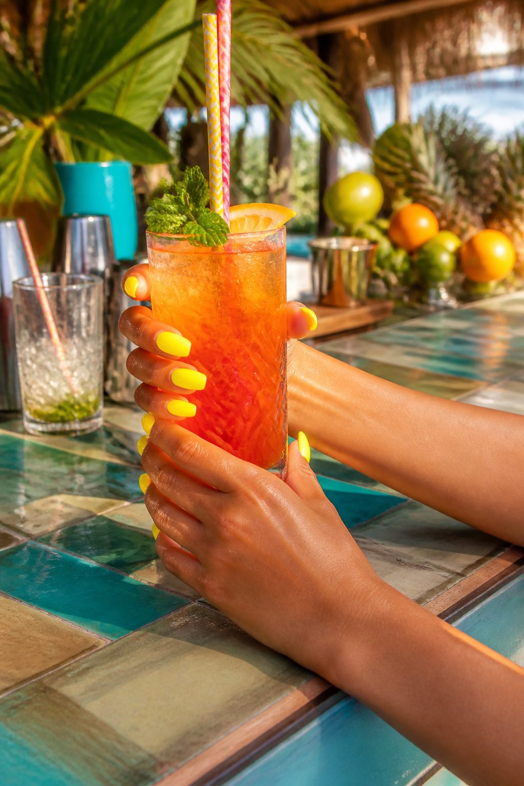 Neon yellow nail polish on hands holding a cocktail.