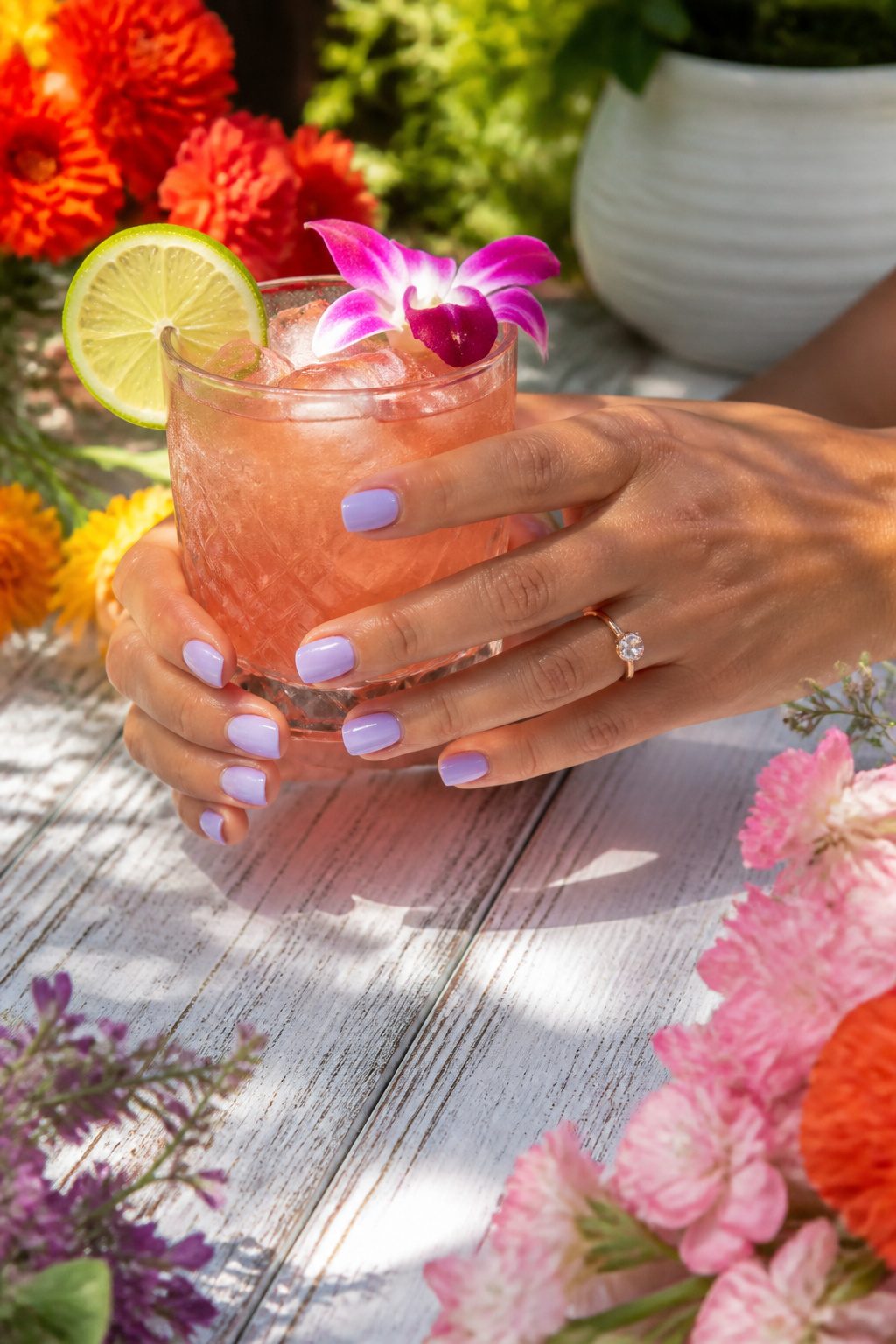 Periwinkle nail polish on hands holding a cocktail.