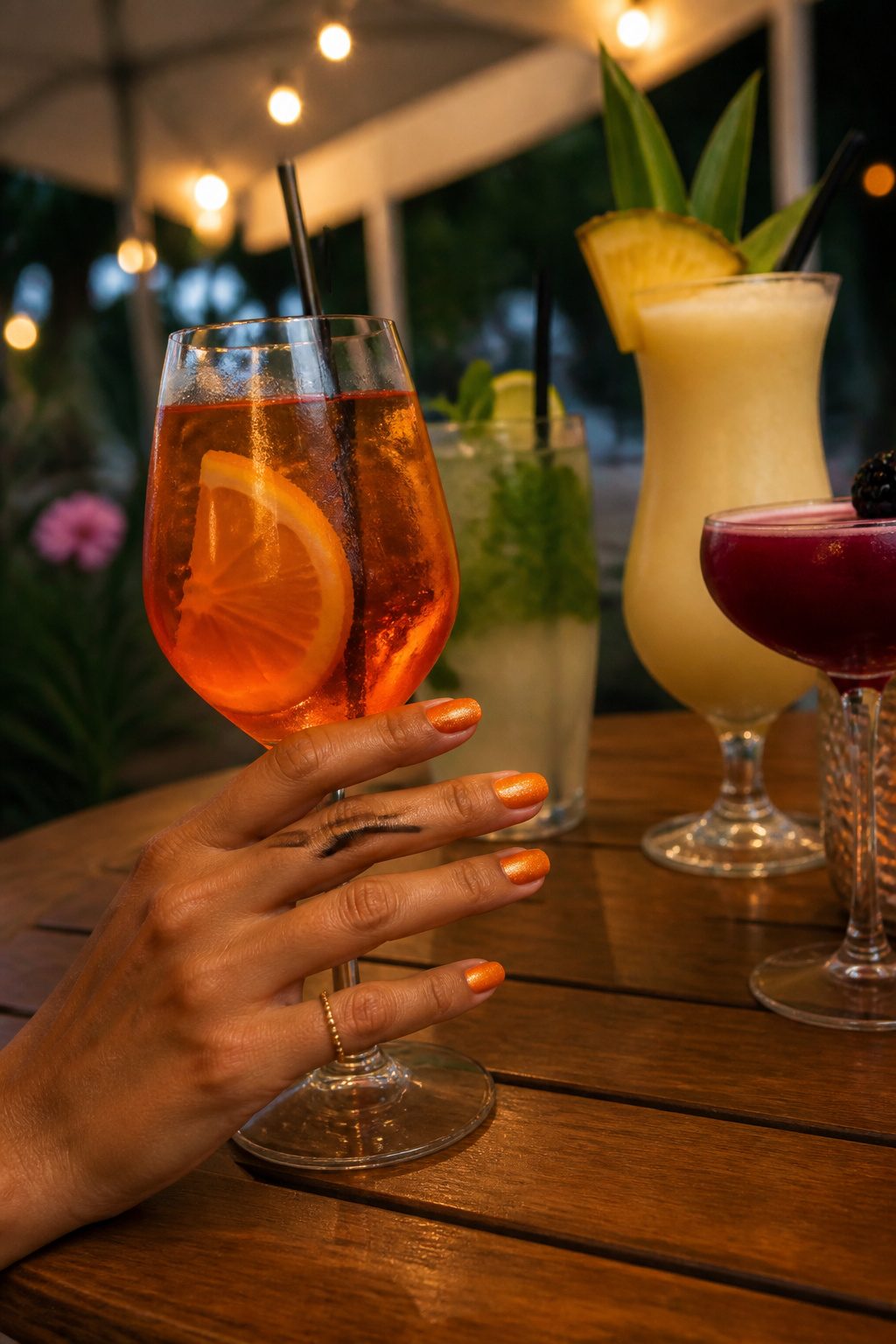 Spritz orange nail polish on hands with sunlit cocktails.