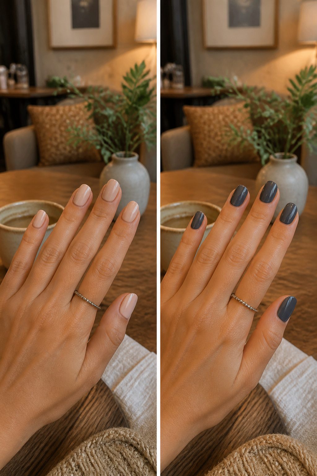 Example of nail polish finishes affecting tan appearance.