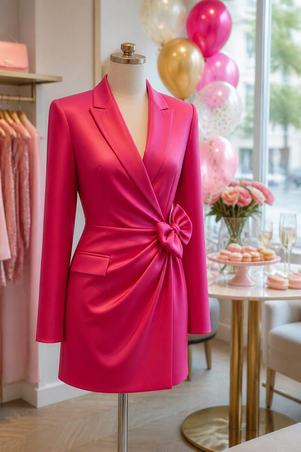 A blazer dress shown on a model.
