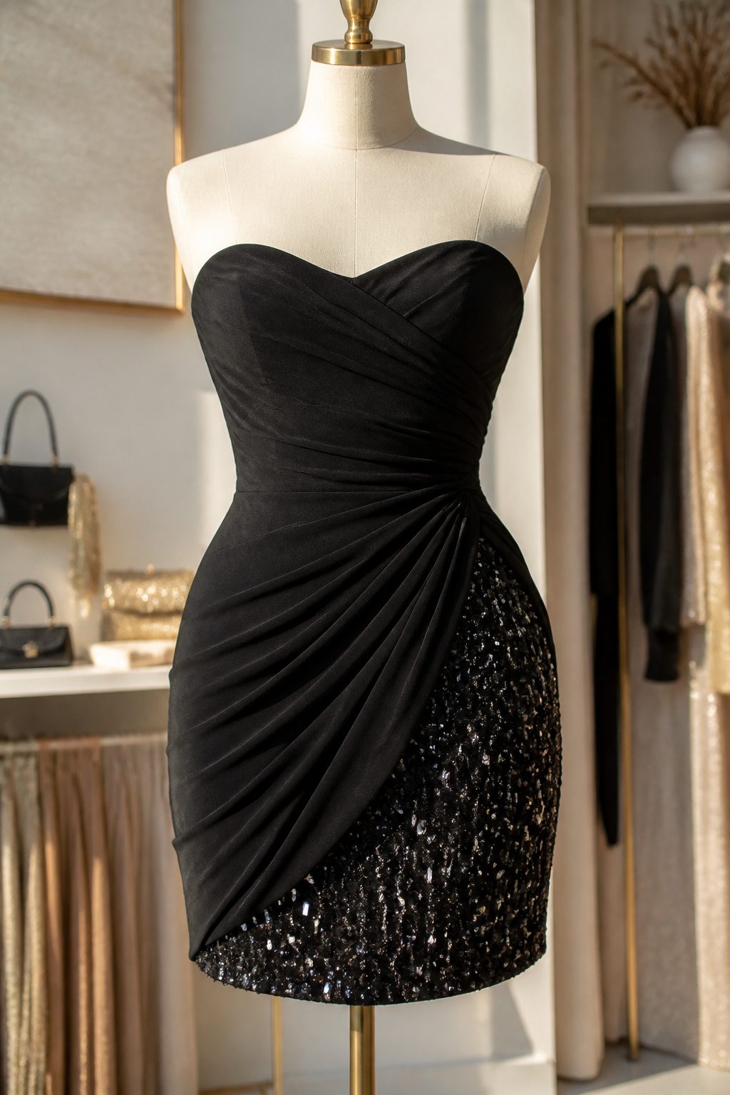 A bodycon dress with draped overlay on a model.