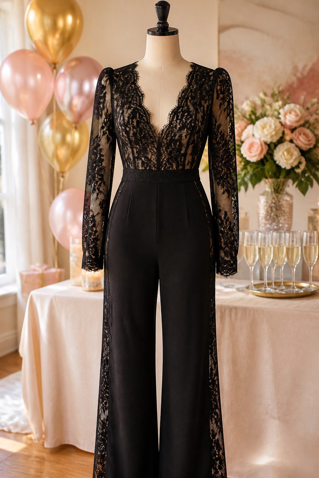 A lace jumpsuit shown on a model.