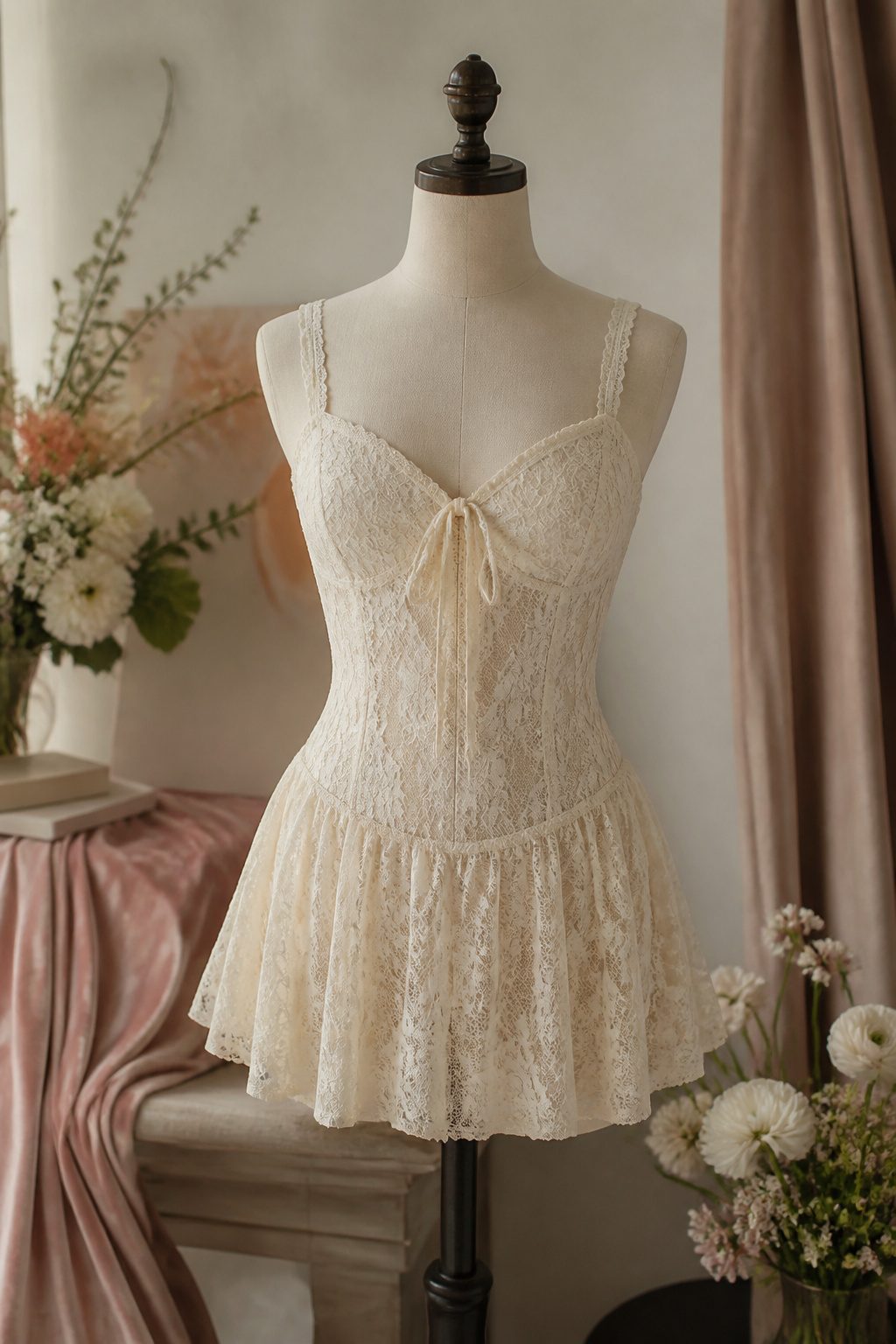 A lace mini dress displayed on a mannequin.