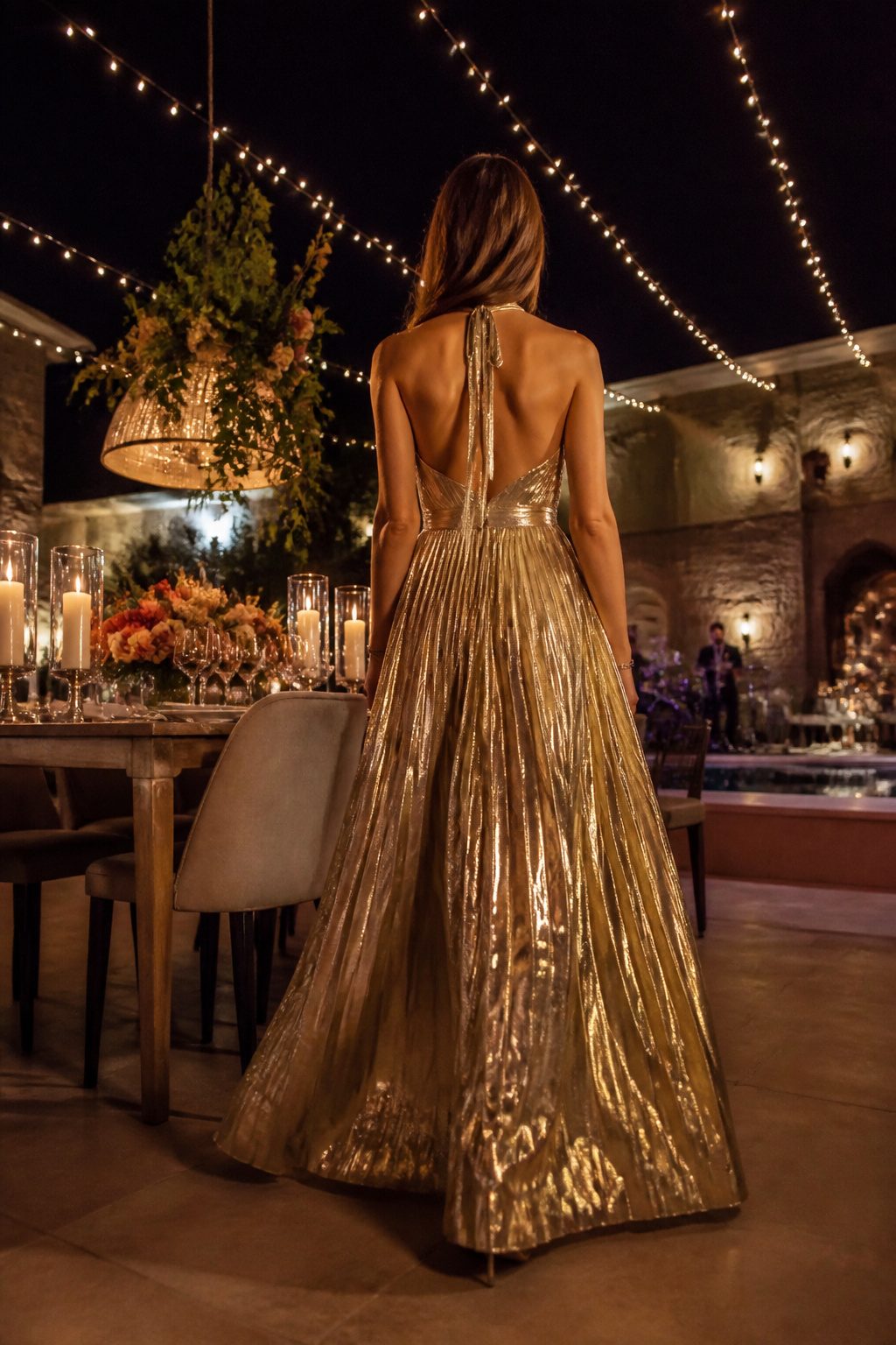 A metallic maxi dress displayed on a model.