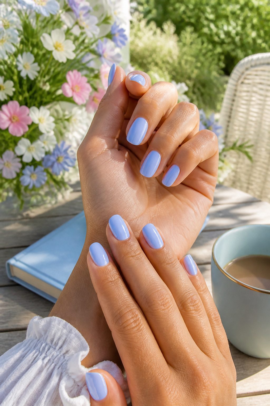 Pale baby blue nails on a hand.