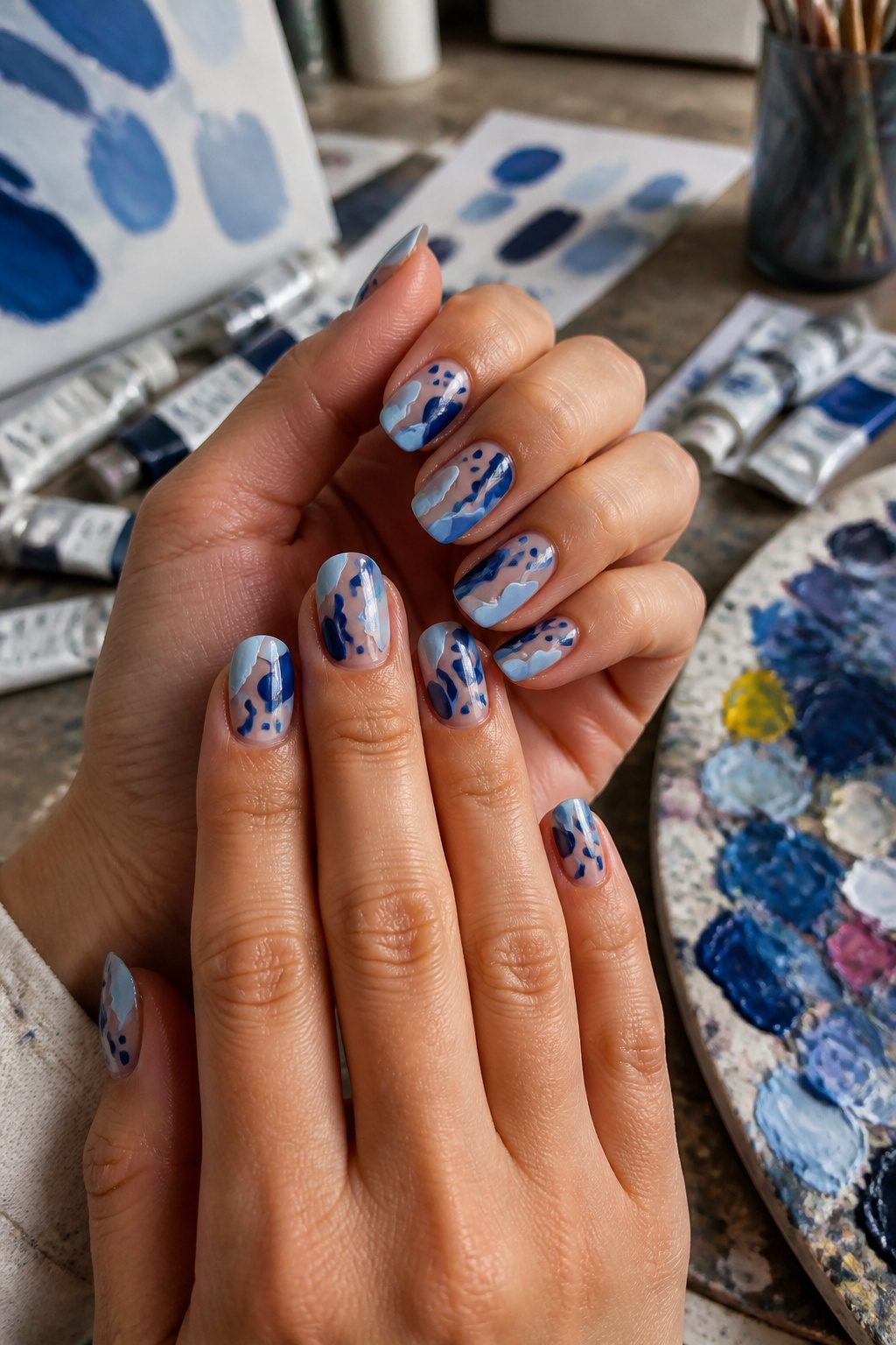 Nails with abstract blue designs in various shades.