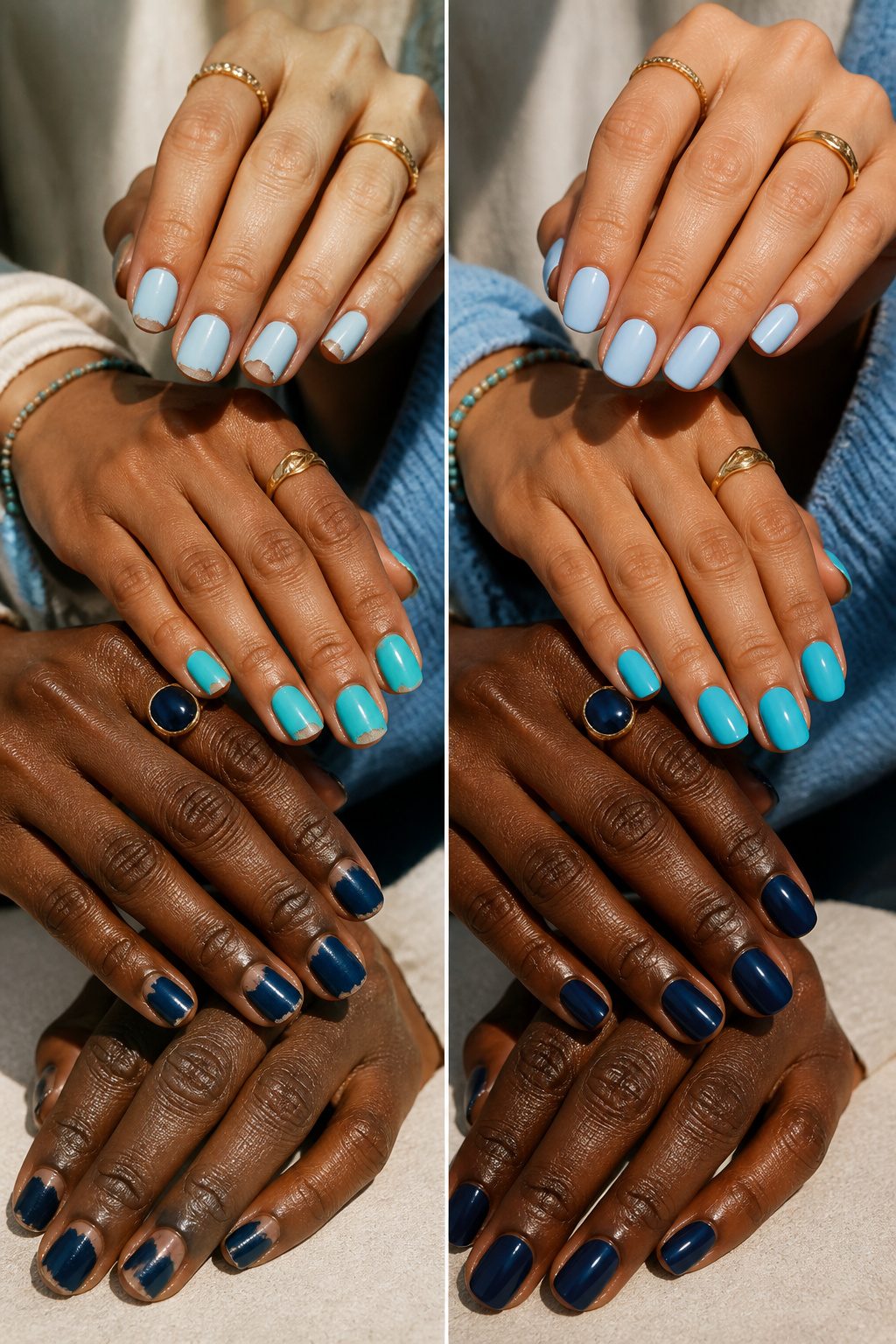Hands displaying blue nail polish suitable for different skin tones.