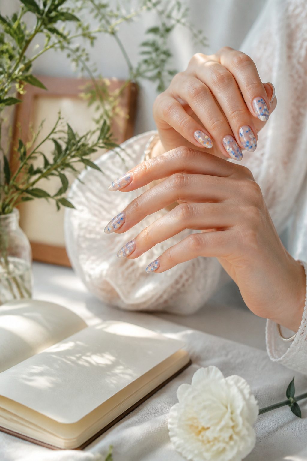 Nail art featuring blue flowers on a sheer background.