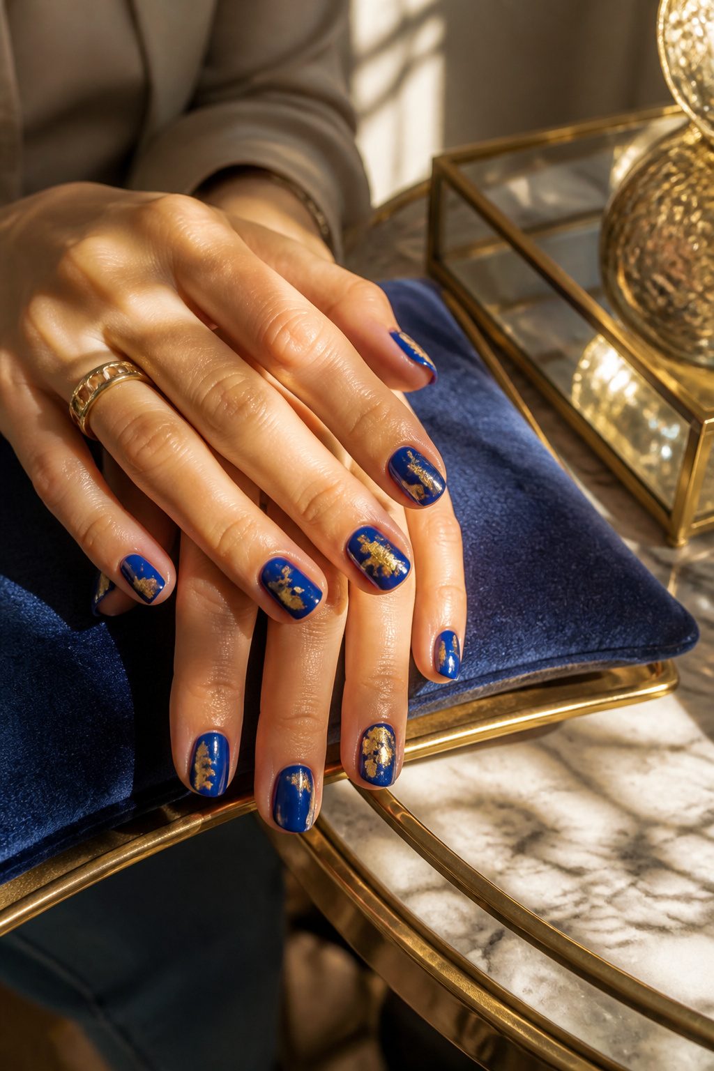 Nails with cobalt polish and gold foil accents.