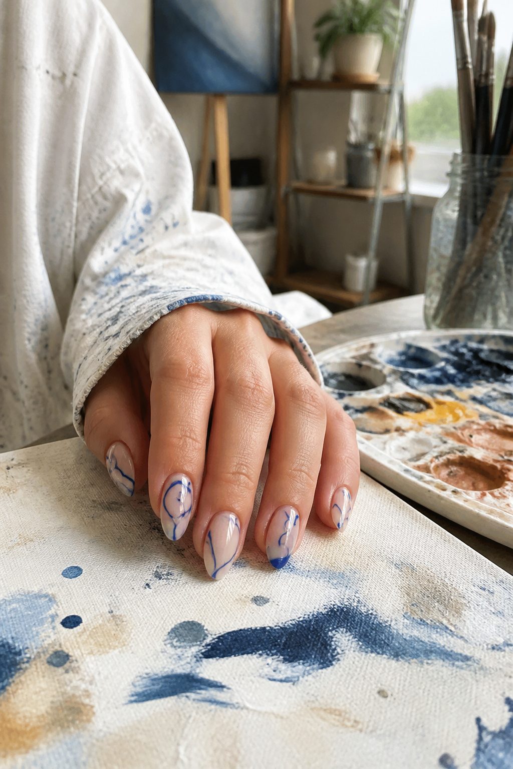 Nails with thin blue lines on a nude background.