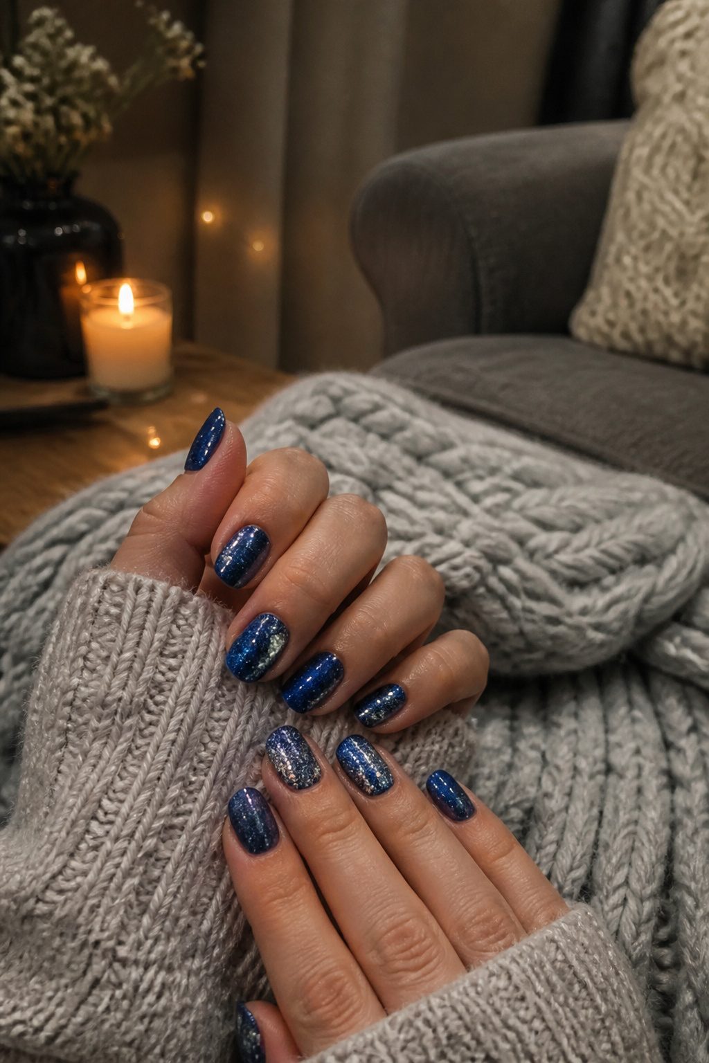 Sapphire blue nails adorned with silver glitter.