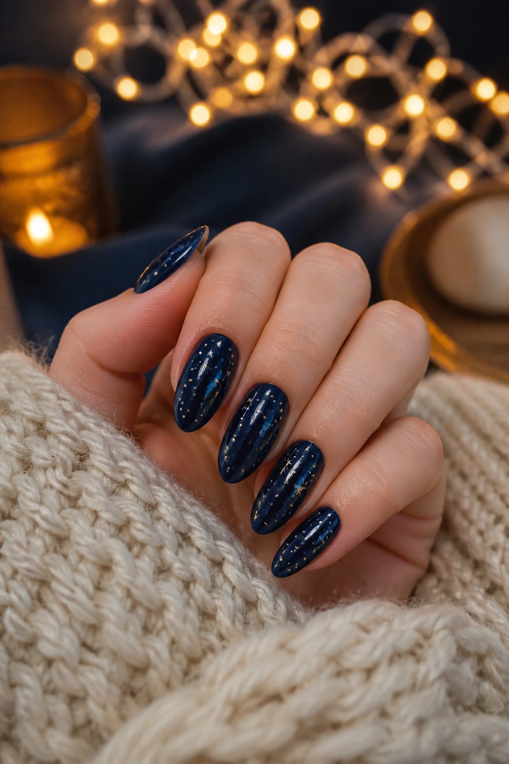 Nails painted with scattered stars on a dark blue background.