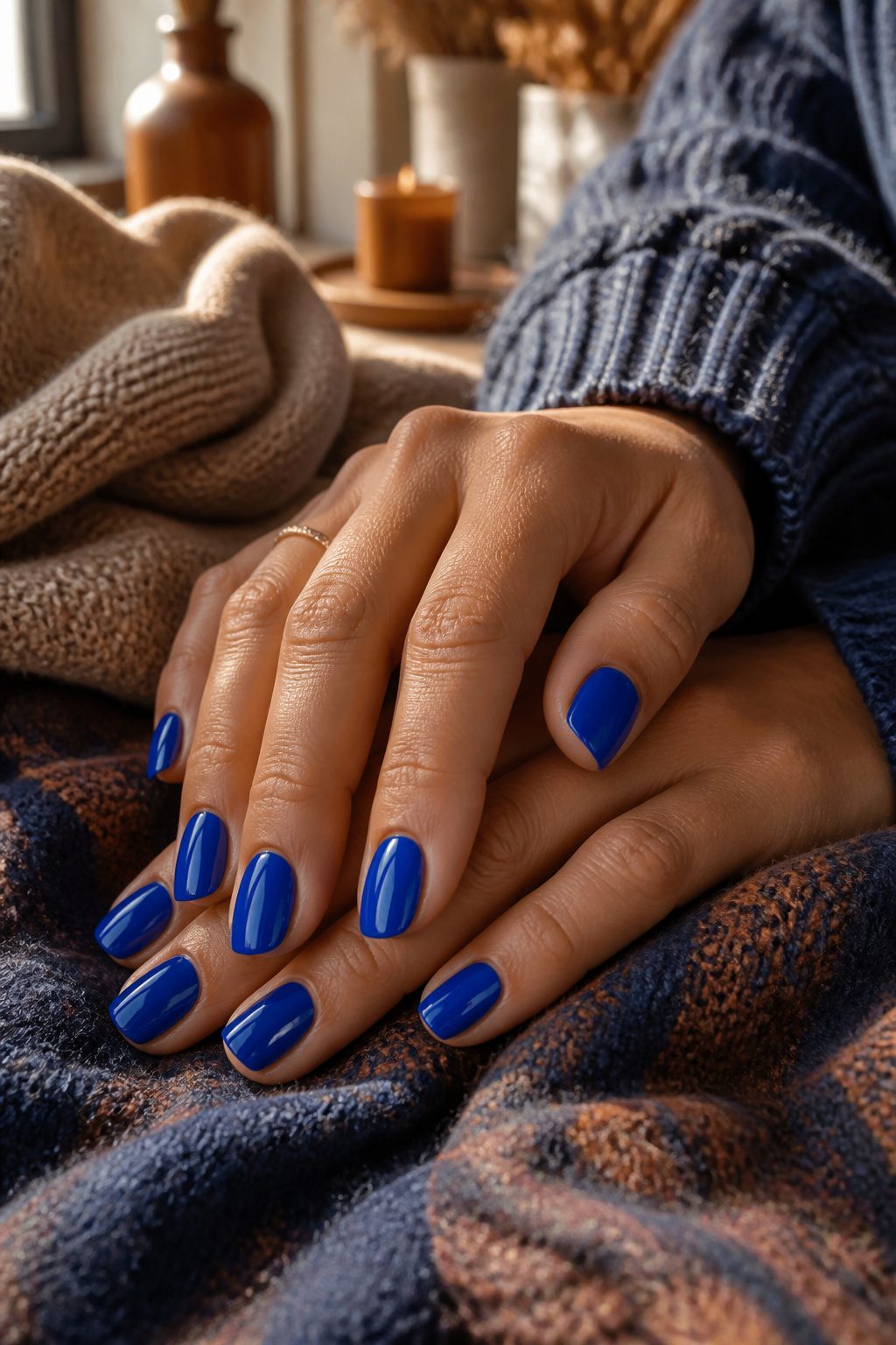 Cobalt blue nails with a glossy finish.