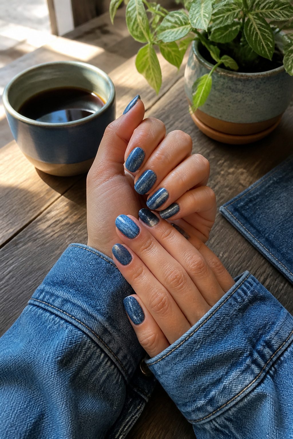 Denim blue nails with a smooth texture.