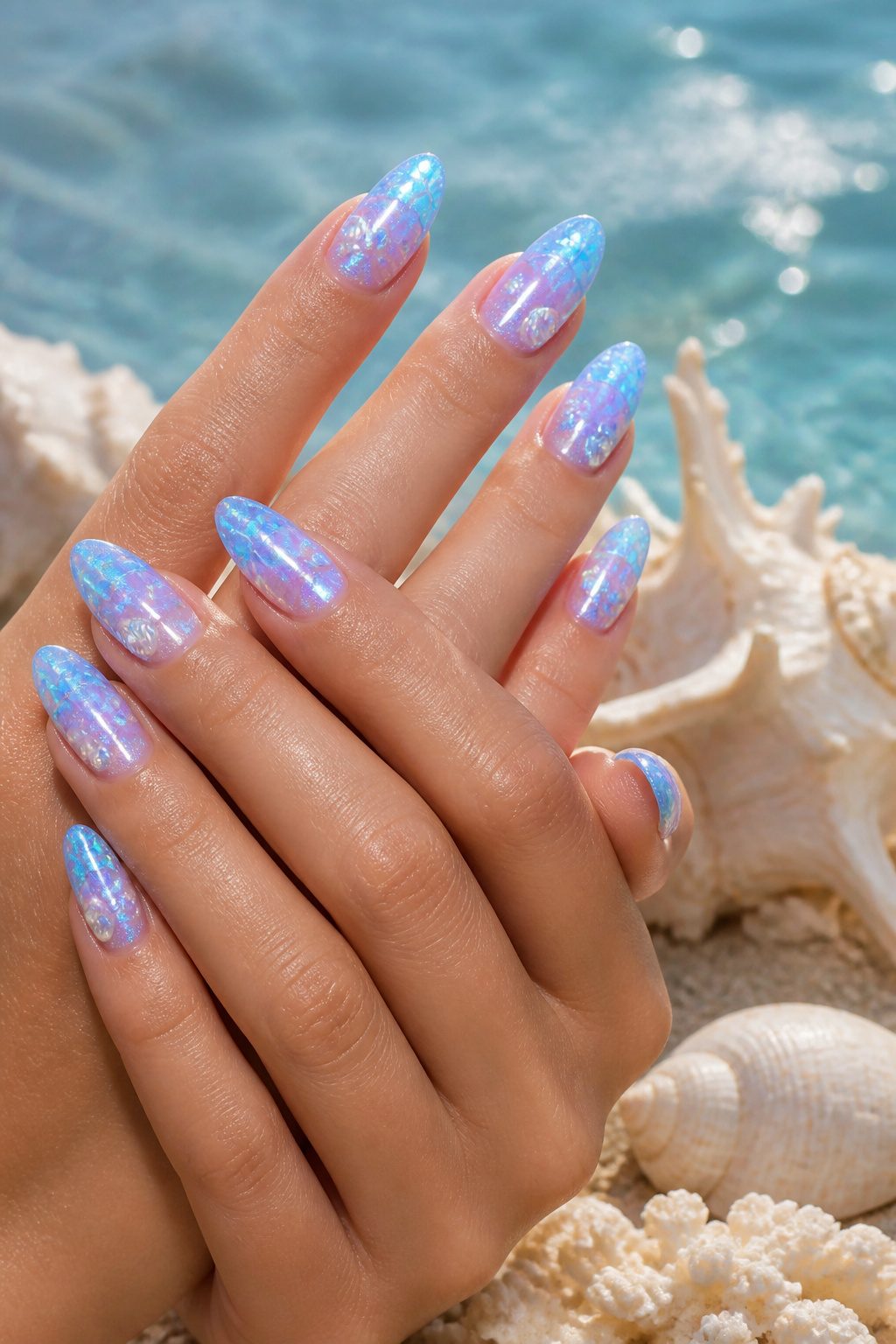 Nails with a holographic base featuring blue-violet undertones.