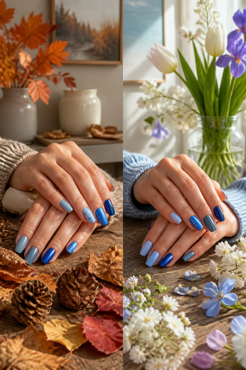 Nails painted in various blue shades representing different seasons.