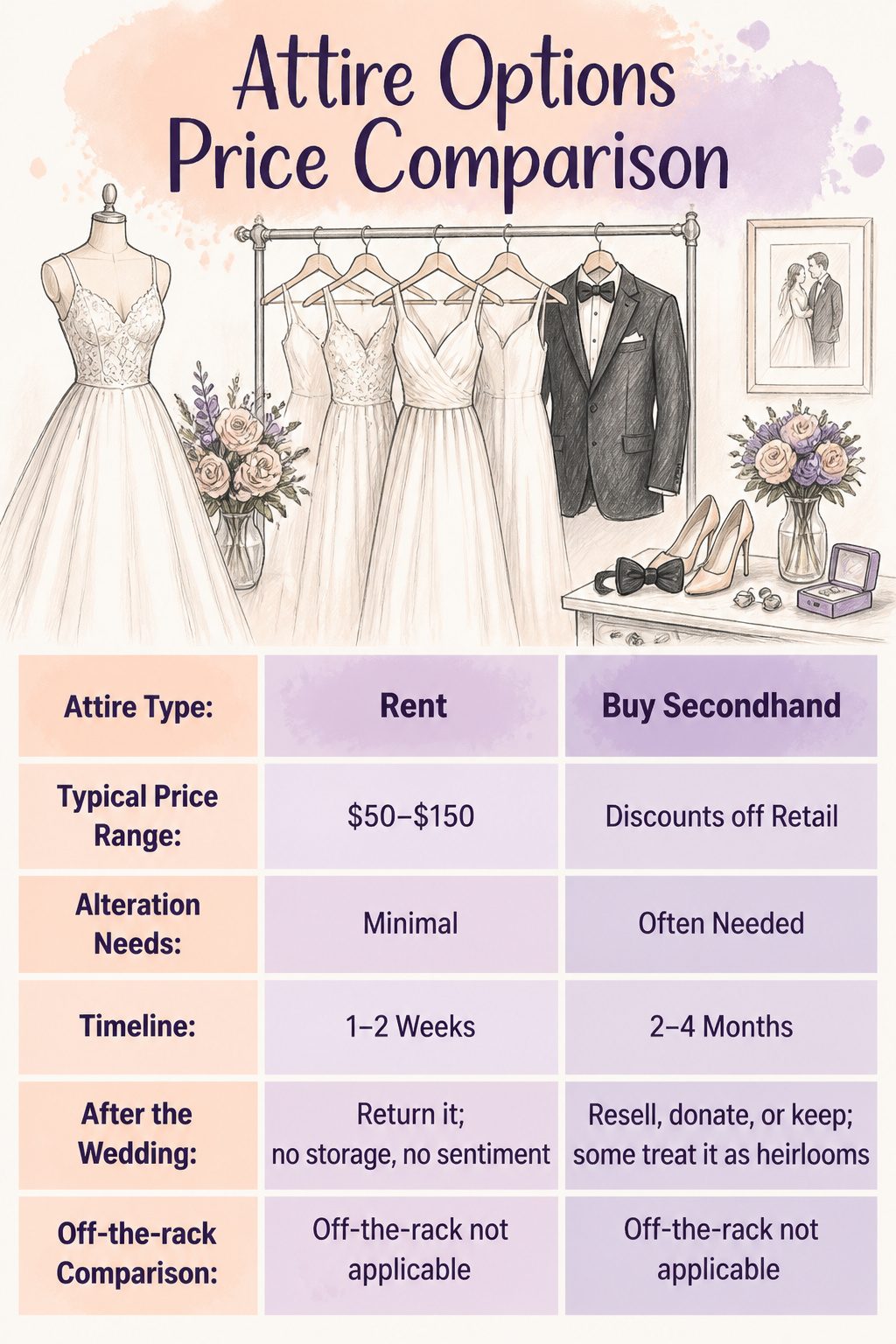 A comparison chart of wedding attire options and their price ranges.