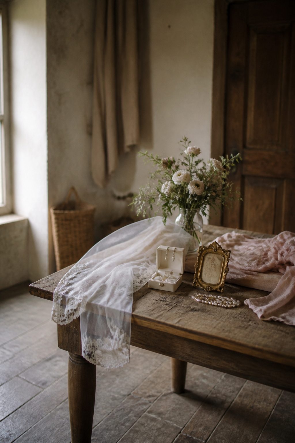 A collection of borrowed wedding accessories and decorations.