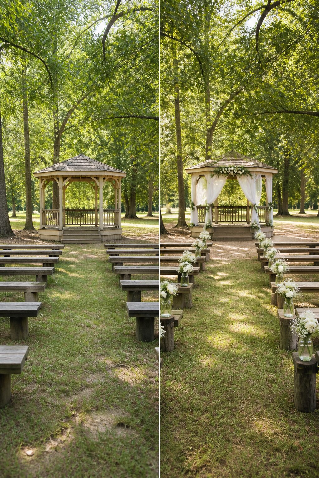 An outdoor wedding venue with tables, chairs, and a scenic backdrop.