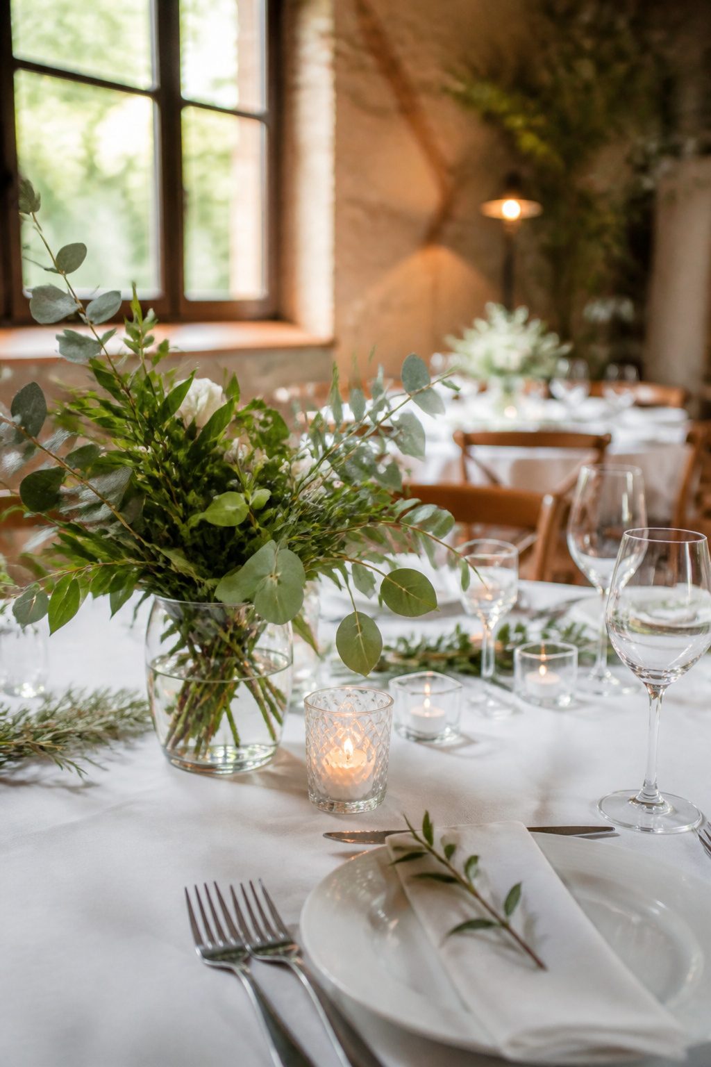An elegantly arranged table with a greenery centerpiece and soft lighting.