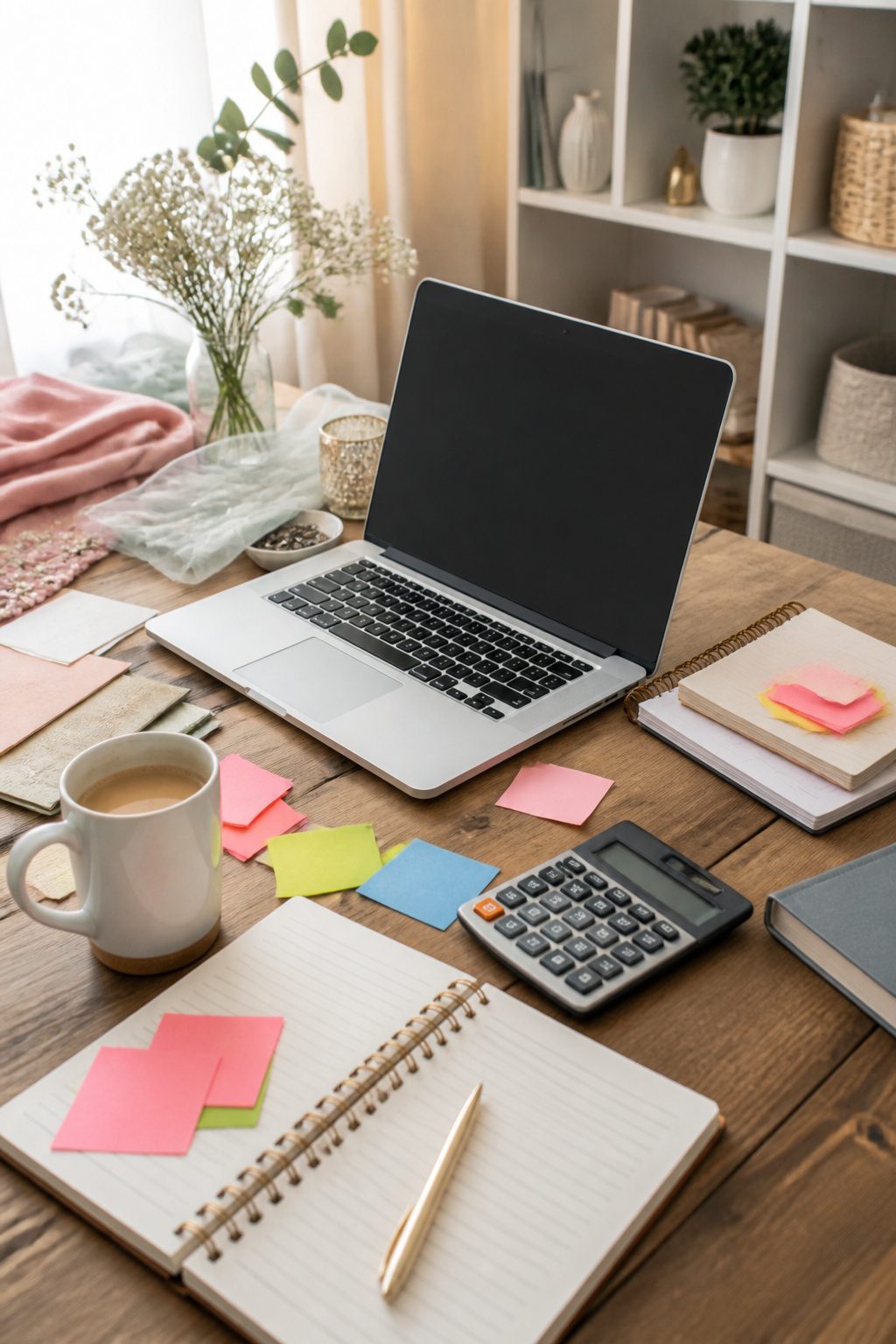 A wedding planning workspace with notepads and vendor contracts.
