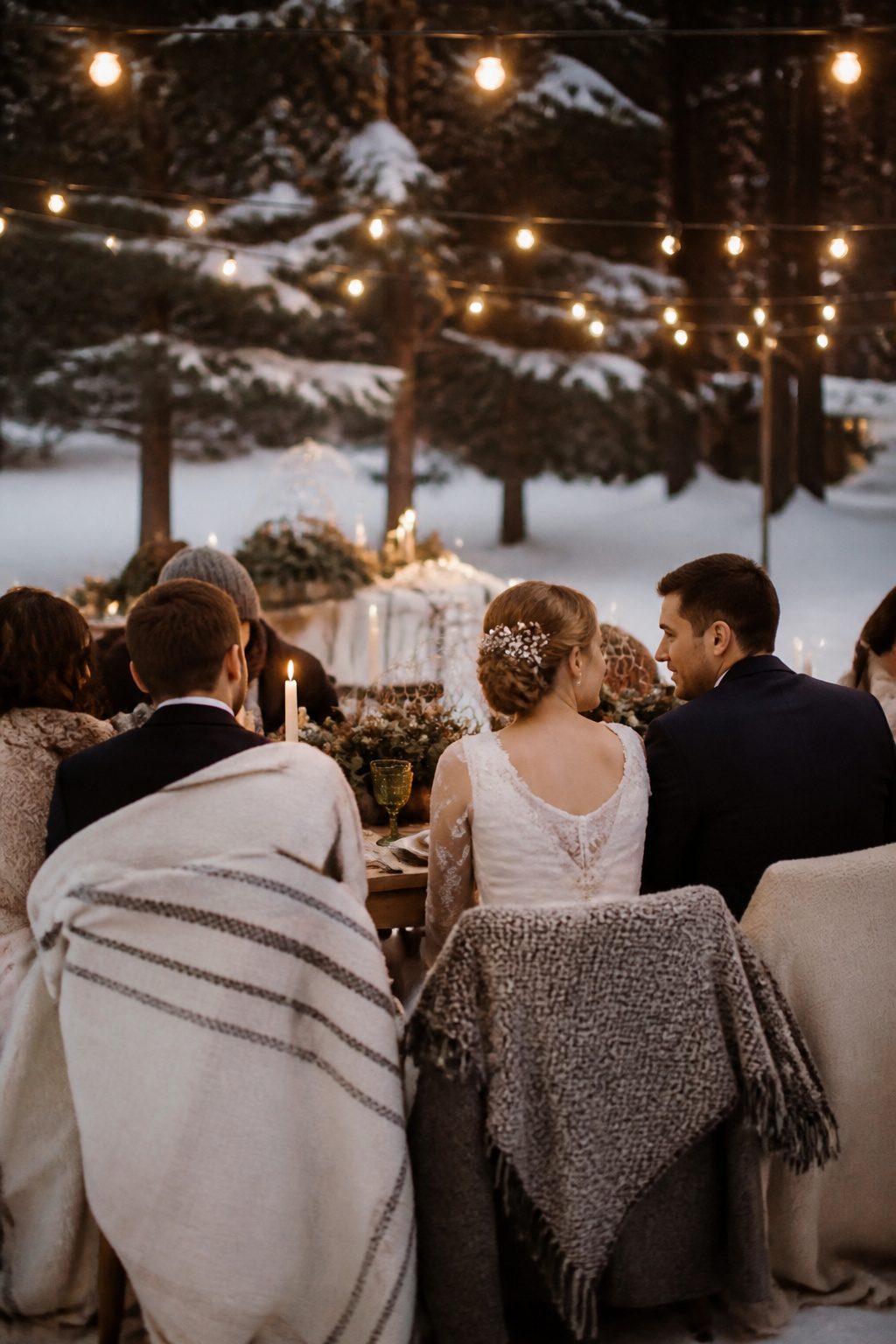 A winter wedding setup with cozy decor and warm lighting.
