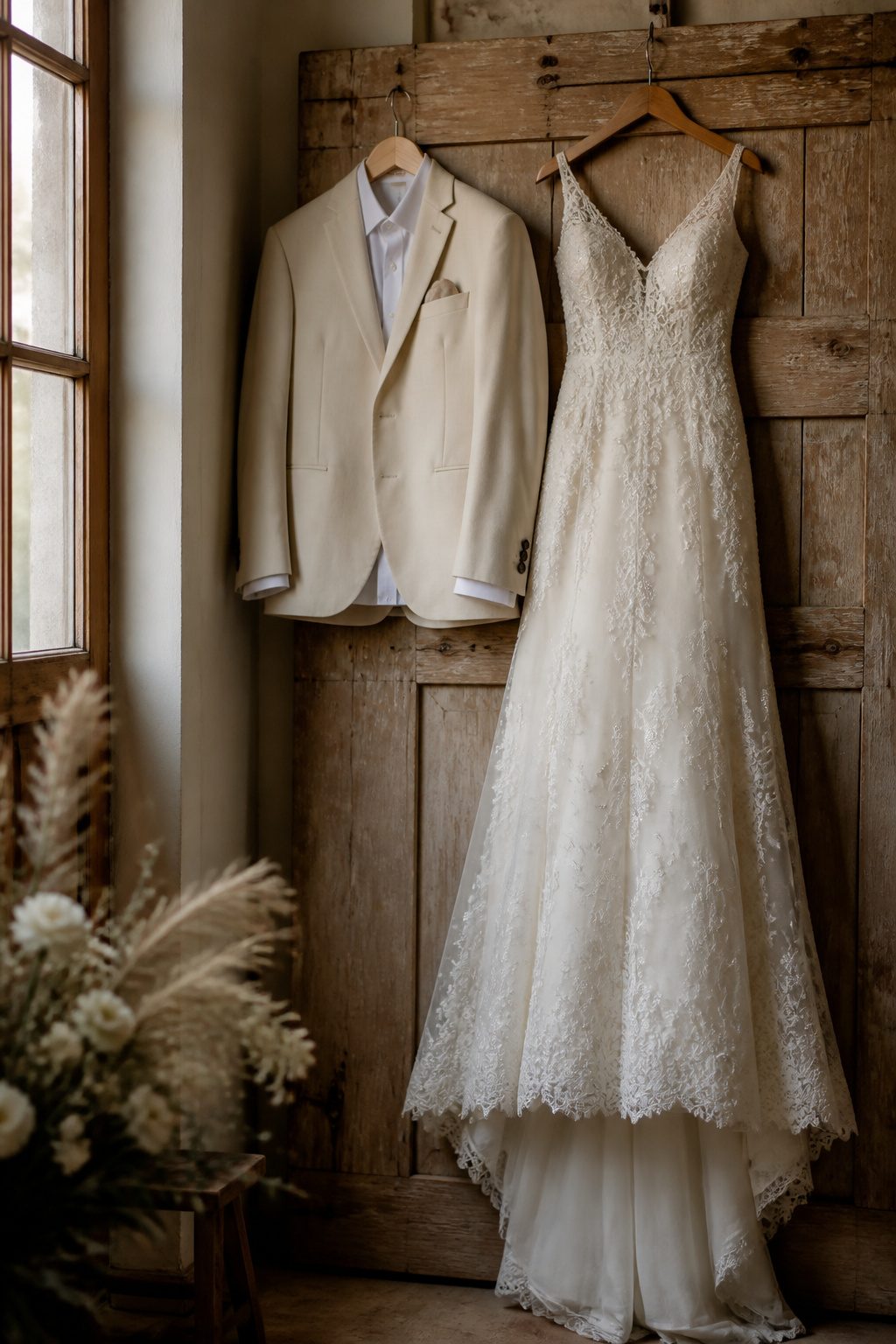 A display of wedding dresses and suits in a bridal shop.