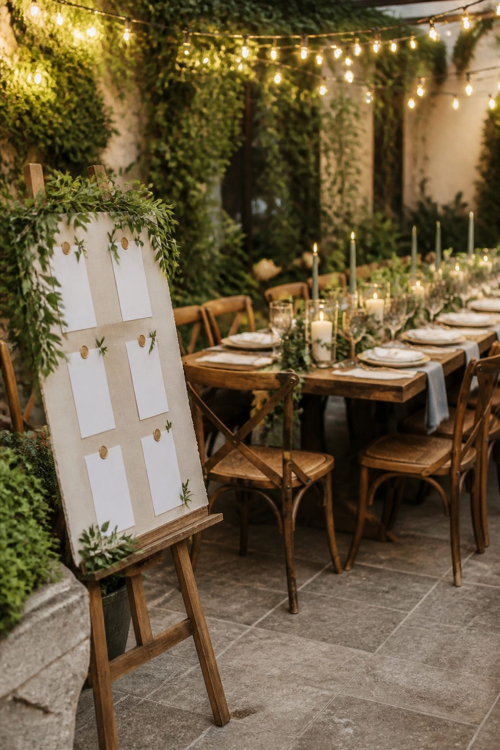 A small wedding table setup with wooden chairs and a handwritten seating chart.